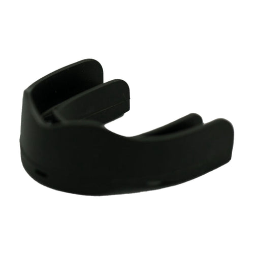 Close-up three-quarter view of a solid black sports mouthguard showing upper and lower bite channels