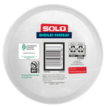 Back of SOLO Bold Hold paper bowl showing barcode, certification icons and product information