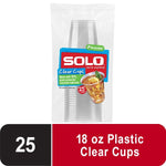 Single upright clear Solo cup pack in transparent bag with red Solo logo and callout reading 18 oz plastic clear cups.