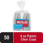 Single clear pack of Solo clear plastic cups with blue label and red SOLO logo on white background