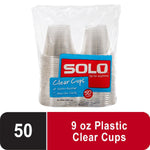 Clear retail pack of Solo clear cups with visible stacked cups and a label showing the red SOLO logo and 50 count