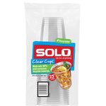 Clear SOLO-branded retail bag showing stacked clear plastic party cups and a beverage image on the front.