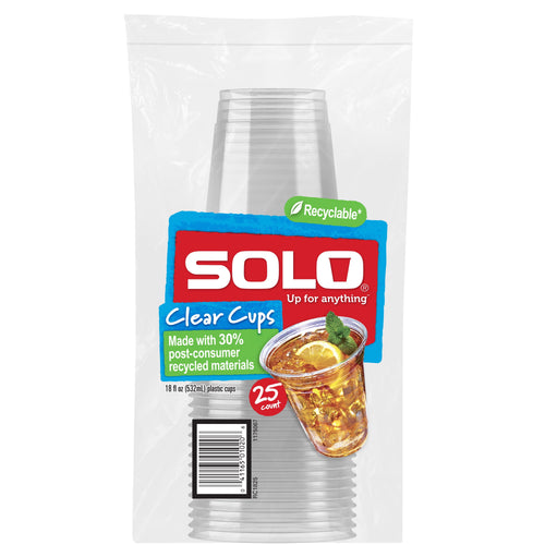 Clear SOLO-branded retail bag showing stacked clear plastic party cups and a beverage image on the front.