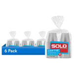 Six clear plastic packs of Solo branded 9 oz cups shown in retail tray with one pack enlarged at right