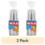 Two sealed clear Solo cup packs shown side-by-side with Solo branding and a label indicating clear plastic cups.