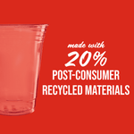 Close-up graphic of a clear plastic cup with red background and text claiming made with 20% post-consumer recycled materials.
