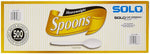 Solo Heavyweight spoons retail box artwork showing a single spoon labeled “actual size” and 500 pieces badge