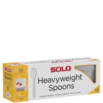 Angled product box of Solo Heavyweight white plastic spoons on white background showing brand logo and a window with stacked spoons.
