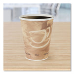 Brown polycoated paper cup filled with dark coffee on a wooden surface with a softly blurred interior background