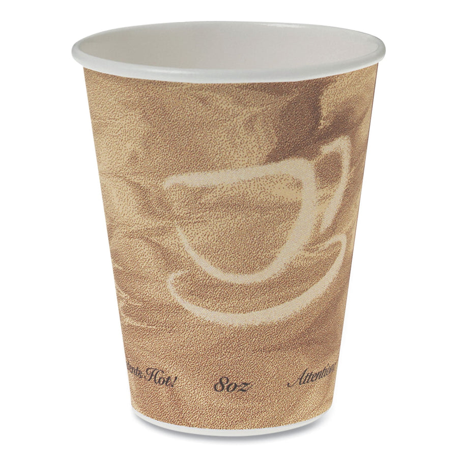 Single brown polycoated hot paper cup with white rim and stylized coffee cup graphic on textured background