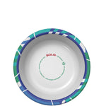 Interior view of a SOLO paper bowl showing printed SOLO logo and recyclable/compostable messaging at center