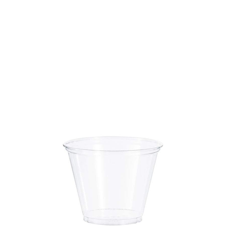 Clear Solo Party disposable plastic cup shown on white background, tapered 9 oz style
