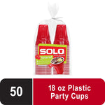 Clear plastic bag of stacked red Solo squared party cups with retail label