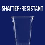 Clear plastic Solo cup on dark blue background with large text reading “SHATTER-RESISTANT” above the cup.