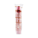 Clear vertical bag of stacked SOLO paper hot cups with brown printed labeling visible through the packaging