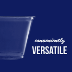 Close-up side profile of a clear plastic cup on a blue background with text ‘conveniently VERSATILE’