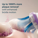 Close-up illustration of Sonicare brush head bristles contacting teeth with text about plaque removal and enhanced bristle motion