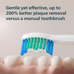 Infographic close-up of toothbrush bristles over teeth with copy claiming up to 200% better plaque removal versus a manual toothbrush.