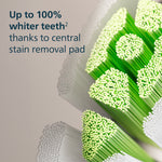 Close-up macro of green and white toothbrush bristles highlighting a central stain removal pad with accompanying text.