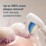 Illustration of a Sonicare brush head cleaning a tooth with bristles interacting with purple plaque particles and plaque removal claim text.