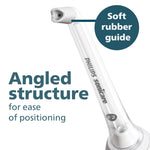 Angled Philips Sonicare Power Flosser comfort nozzle on white background with callout for soft rubber guide.