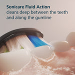 Close-up rendering of a Philips Sonicare brush head cleaning along the gumline with text about Sonicare Fluid Action.