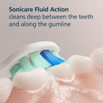 Close-up illustration showing Sonicare fluid action cleaning between teeth with a brush head