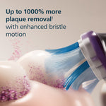 Illustration of G3 brush bristles cleaning tooth surface with text about plaque removal