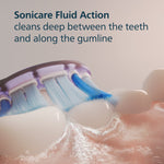 Rendered image of a Sonicare G3 brush head cleaning along gumline with fluid action text