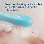 Close-up render of a turquoise Philips Sonicare kids brush head gently brushing teeth with soft bristles and text about superior cleaning