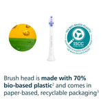 Philips Sonicare S2 brush head shown with ISCC bio-based plastic badge and text about 70% bio-based material