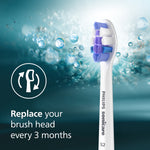 Single Philips Sonicare S2 replacement brush head against teal bubbly background with replace-every-3-months message