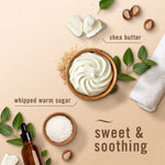 Flat lay of natural ingredients like shea butter, whipped cream, salt and leaves with ‘sweet & soothing’ and candle imagery