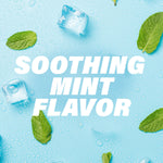 Soothing mint flavor promotional image with mint leaves, ice cubes and large text on a water-droplet background