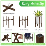 Assembly infographic showing four-step assembly of a brown metal plant stand with insert legs, width adjustment, and placing a planter.