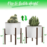 Graphic showing two configurations of a brown plant stand with arrows and heights labeled 14", 9.5", and 6" illustrating flip-to-switch height options.