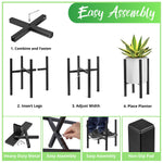 Assembly infographic showing step-by-step assembly of a black metal plant stand with icons