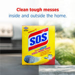 S.O.S product box shown in a split lifestyle scene with text above reading 'Clean tough messes'.