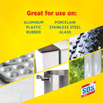 Yellow infographic titled 'Great for use on:' showing icons and photos of cookware, bakeware and other surfaces.