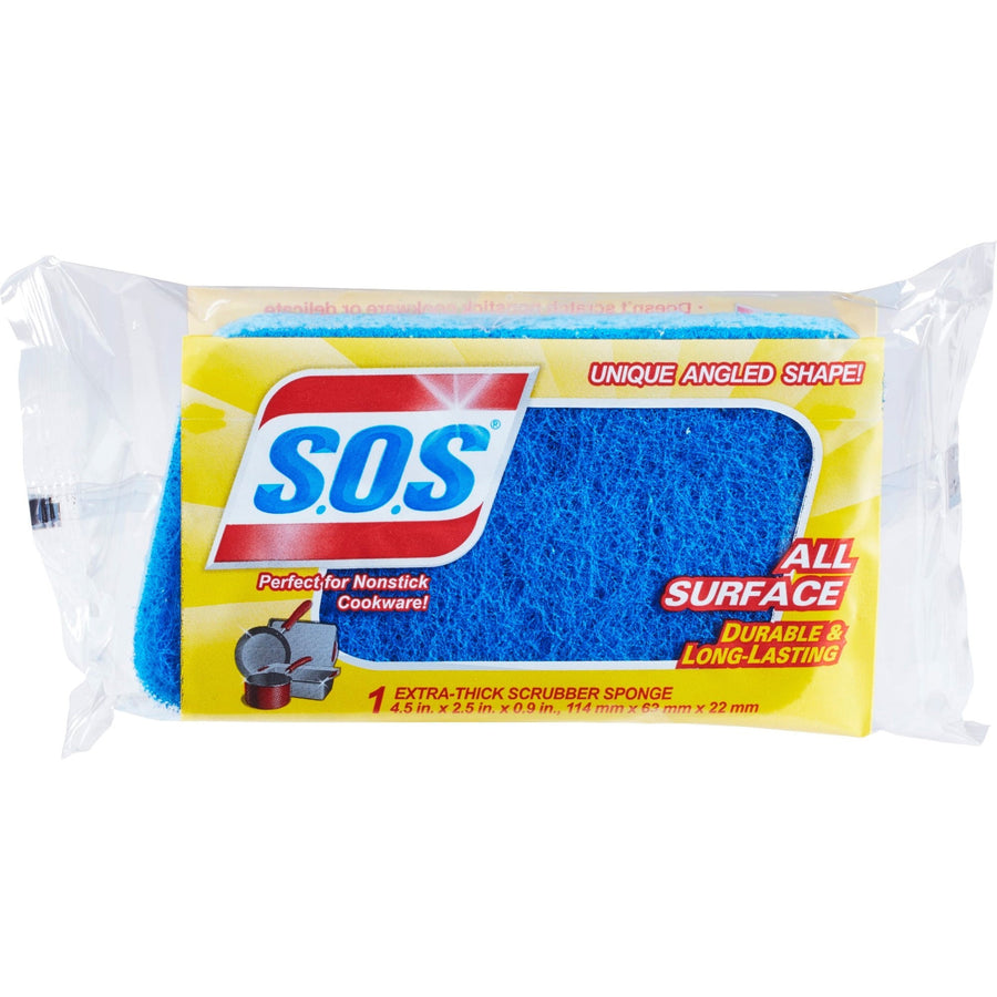 Packaged S.O.S all-surface scrubber sponge in clear wrapper showing yellow label and blue scrubber