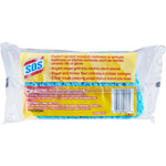 Clear-wrapped S.O.S scrubber sponge showing back label text, barcode and blue sponge texture
