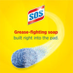 Graphic ad with S.O.S logo and a blue steel wool pad depicted with soap bubbles on a yellow background.