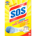 Close-up front view of S.O.S steel wool pads yellow retail box with large logo and pad illustration