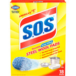 Bright yellow S.O.S steel wool pads retail box showing logo, pad illustration and cookware icons