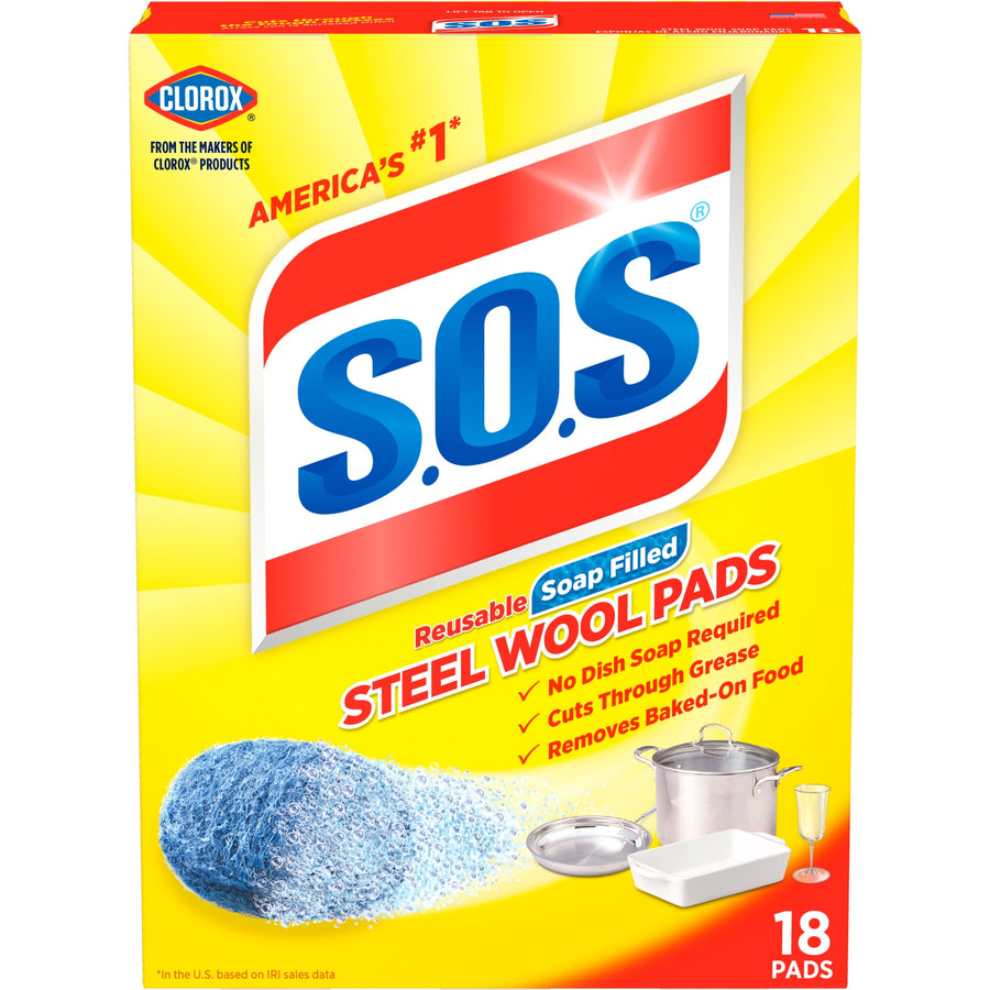 Bright yellow S.O.S steel wool pads retail box showing logo, pad illustration and cookware icons
