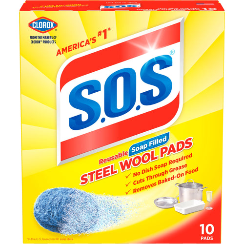 Close-up front view of a yellow S.O.S steel wool pads box showing the logo and product name.