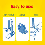 Yellow instructional panel with three icons showing 'Wet the pad', 'Scrub', and 'Rinse' for using the S.O.S pad.