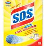 Bright yellow S.O.S packaging front panel with large logo and image of a blue steel wool pad.