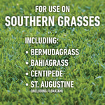 Close-up grass background with white text 'For use on southern grasses including: Bermudagrass, Bahiagrass, Centipede, St. Augustine'.