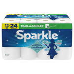 Clear-wrapped Sparkle Tear-A-Square paper towel multipack showing white rolls and blue Sparkle branding with fairy graphic